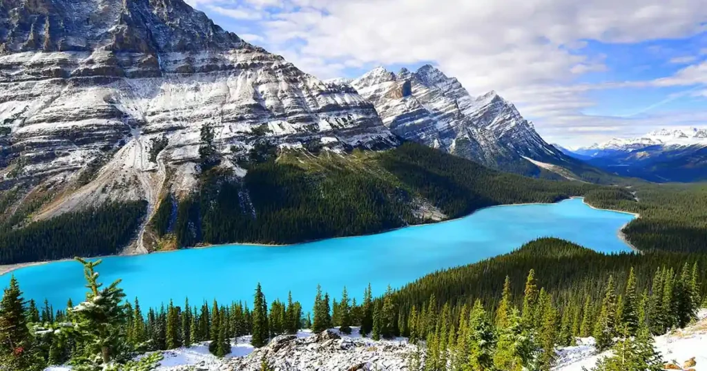 Peyto Lake in Alberta, Canada, a glacier-fed lake with a striking turquoise color, shaped like a wolf’s head and surrounded by rugged mountain peaks and dense pine forests.