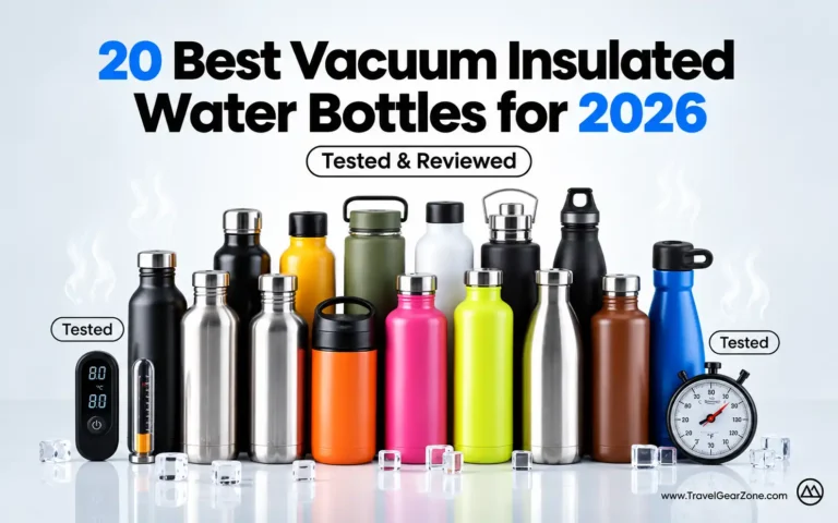A lineup of colorful vacuum insulated water bottles and tumblers displayed with thermometers, digital temperature gauges, ice cubes, and testing equipment. The banner reads “20 Best Vacuum Insulated Water Bottles for 2026” and “Tested & Reviewed,” with TravelGearZone.com branding.