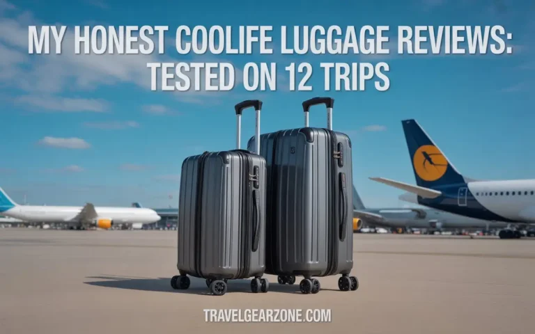 Two gray Coolife suitcases stand on an airport tarmac with airplanes in the background. Text over the image reads, “My honest Coolife luggage reviews: Tested on 12 trips.”.