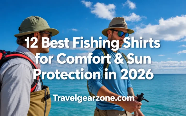 Two anglers wearing sun-protective fishing shirts, wide-brim hats, and sunglasses standing by a turquoise ocean. Text reads “12 Best Fishing Shirts for Comfort & Sun Protection in 2026,” with Travelgearzone.com branding.