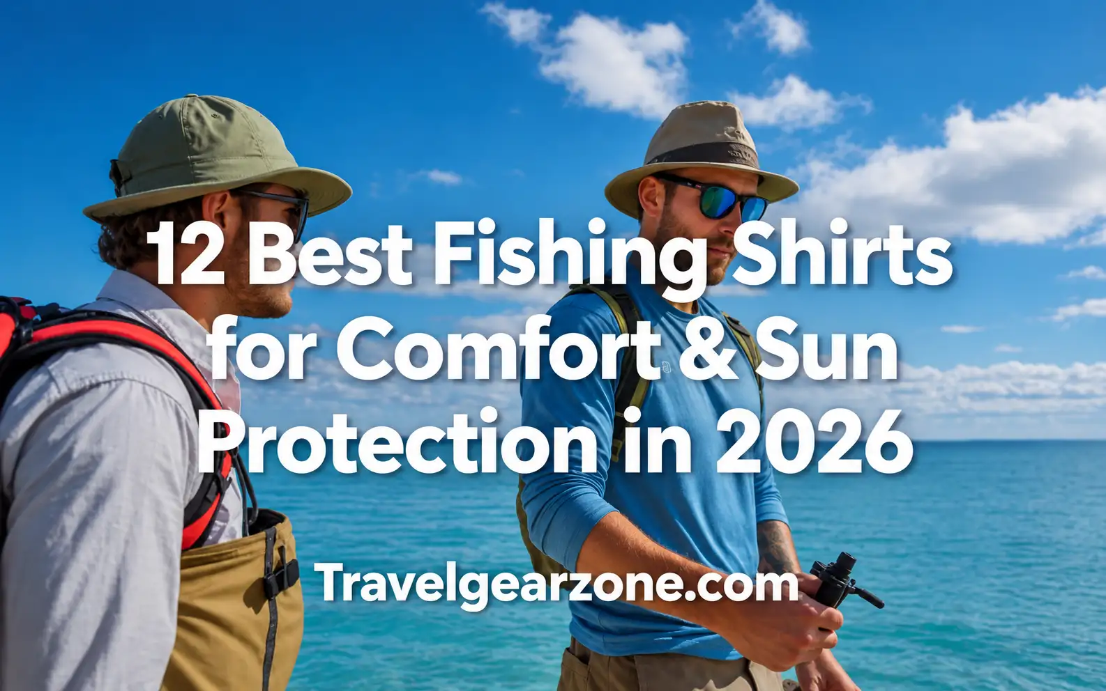 Two anglers wearing sun-protective fishing shirts, wide-brim hats, and sunglasses standing by a turquoise ocean. Text reads “12 Best Fishing Shirts for Comfort & Sun Protection in 2026,” with Travelgearzone.com branding.