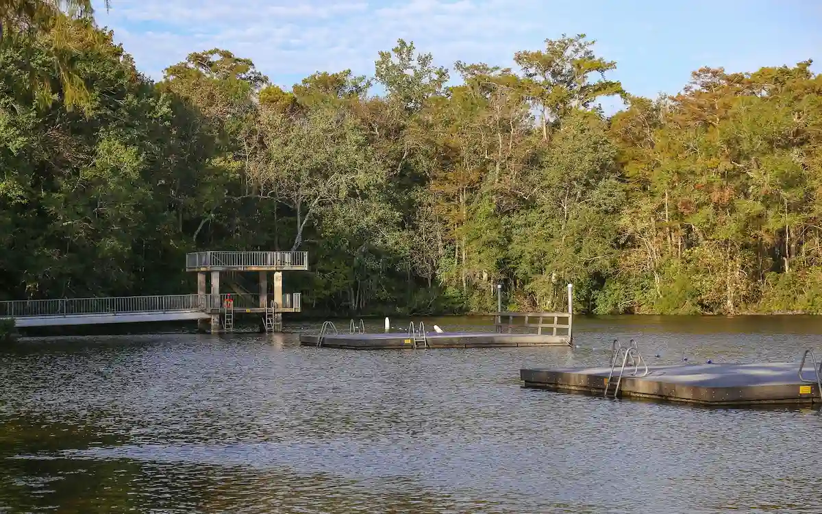 A calm river surrounded by dense trees with two floating platforms and a concrete dock structure extending over the water under a blue sky.