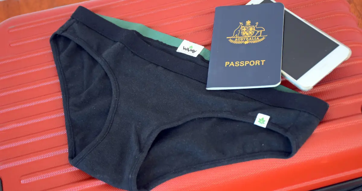 A pair of black underwear, a passport, and a smartphone resting on a red suitcase.