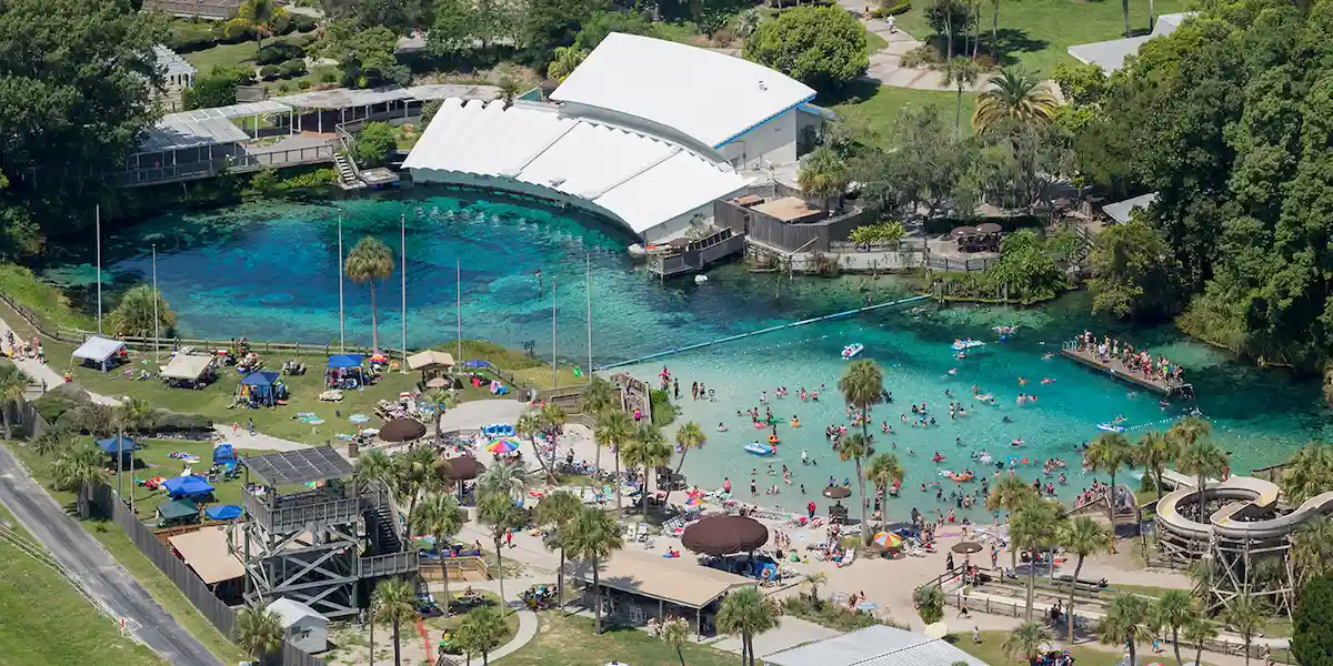 Aerial view of a natural spring with clear blue water, people swimming, lounging, and enjoying the sun, surrounded by trees, grassy areas, and white buildings.