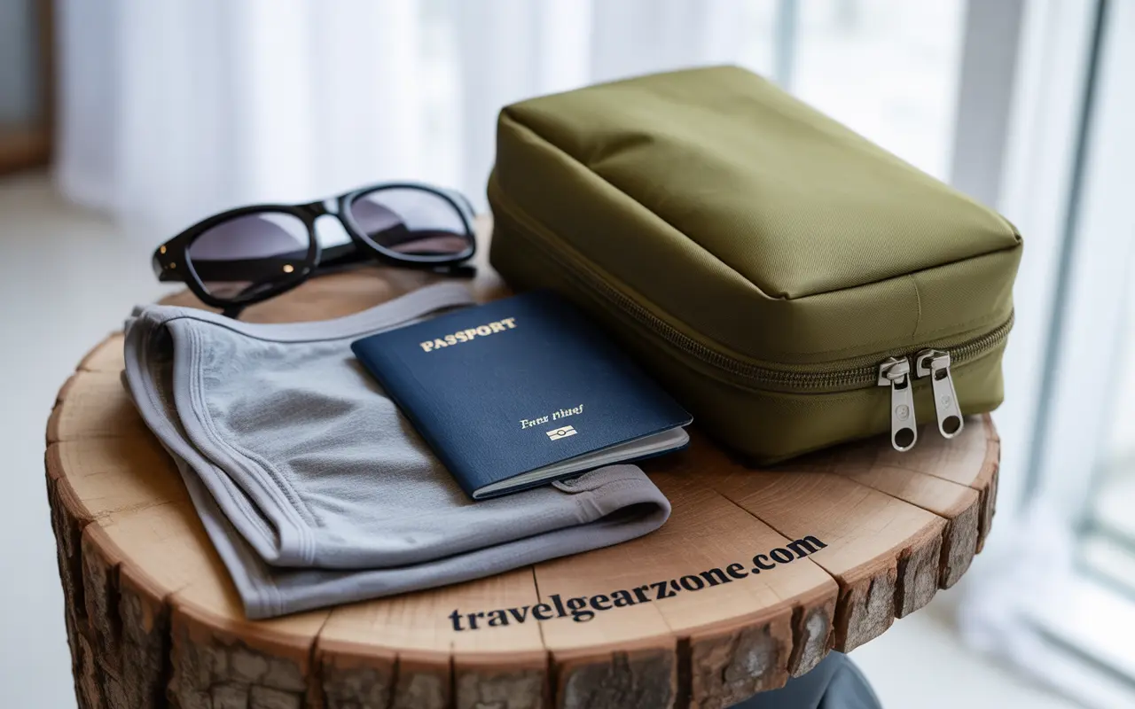 A pair of sunglasses, gray folded clothes, a French passport, and an olive green zippered pouch are arranged on a round wooden stool with travelgearzone.com printed on it.