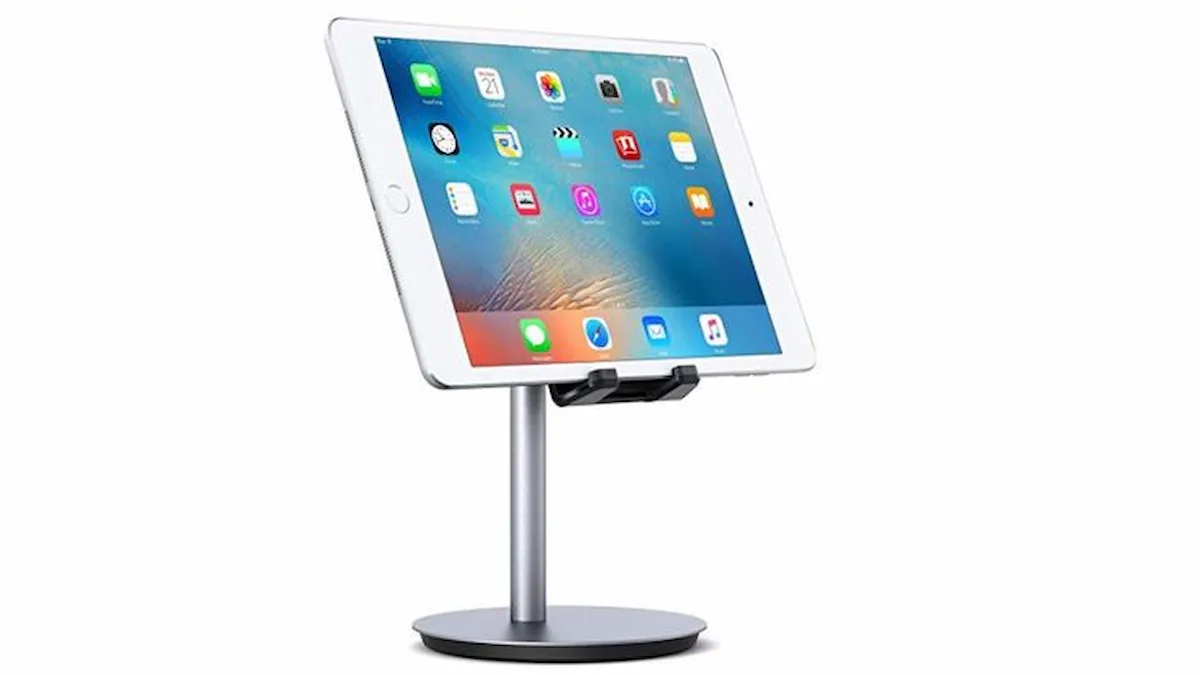 Tablet on a sleek metal stand