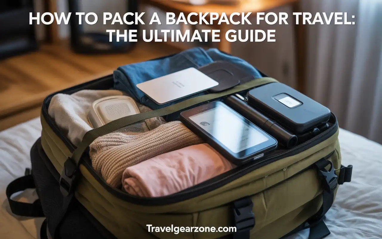 Packed backpack for travel guide