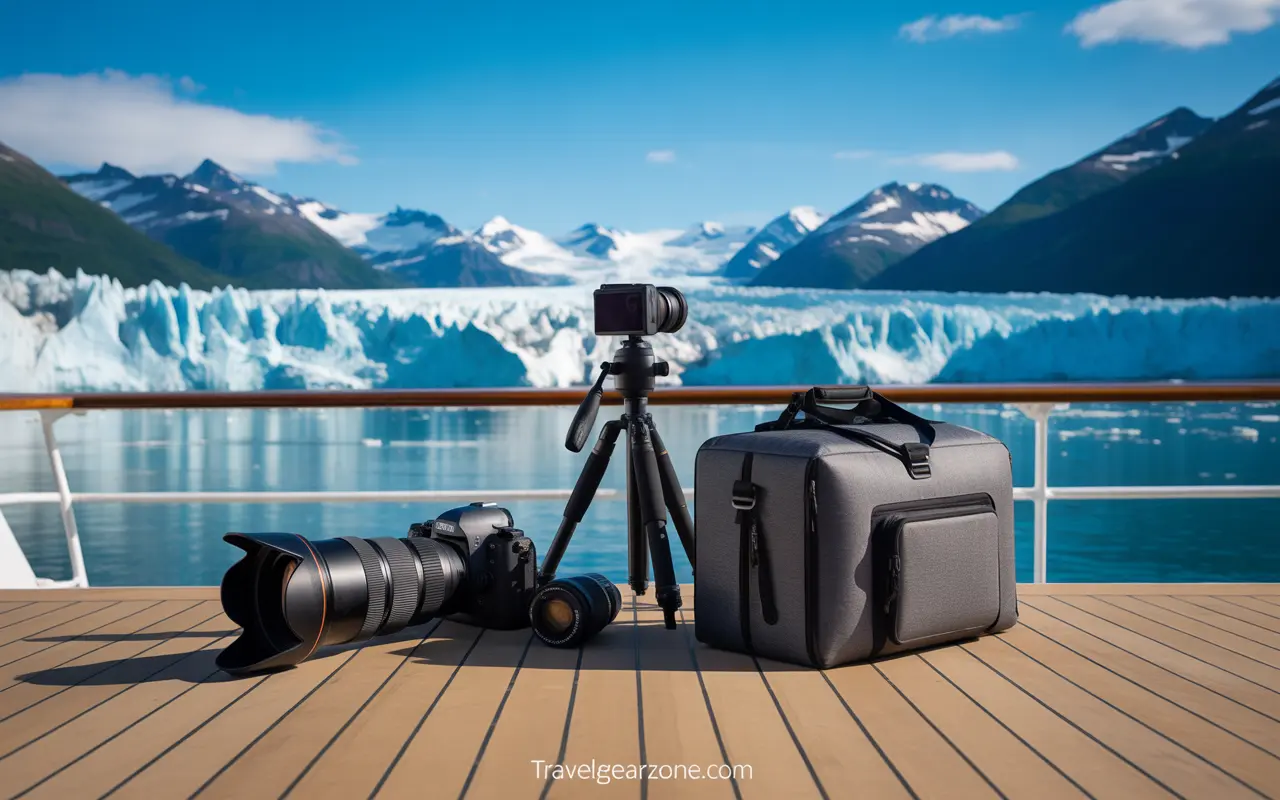 A camera on a tripod, a camera with a telephoto lens, and a camera bag sit on a wooden deck, with a glacier, lake, and snow-capped mountains in the background under a blue sky.