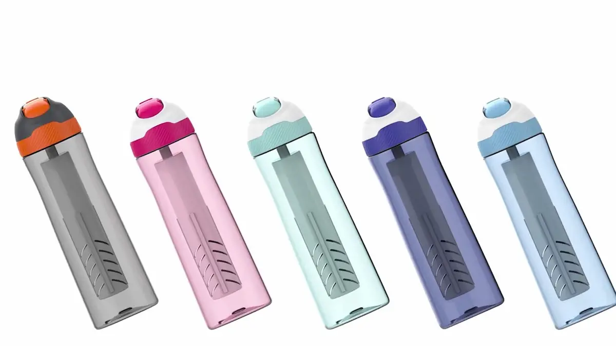Colorful water bottles in a row