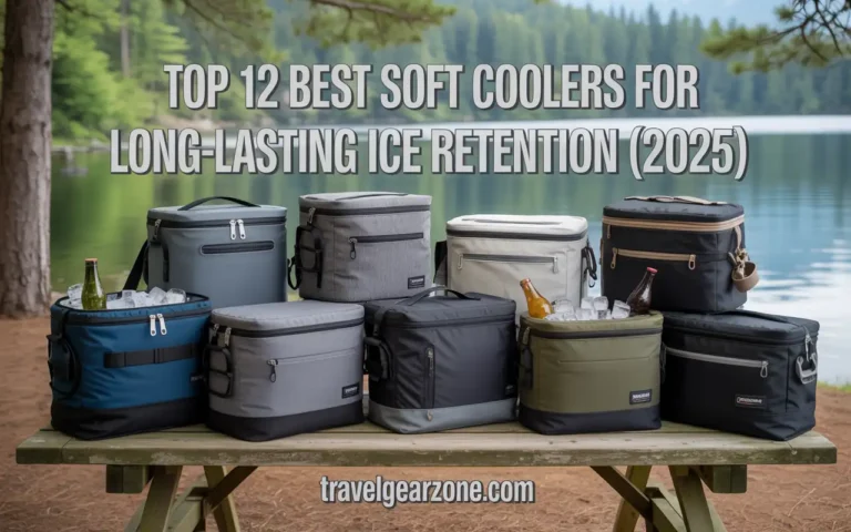 A high-resolution, realistic product-style image showing a collection of 12 premium soft coolers neatly arranged on a wooden picnic table outdoors. The setting is a bright summer day at a scenic camping spot near a lake with pine trees in the background. Each cooler has different designs (backpack cooler, tote cooler, duffel-style cooler, and small portable cooler), all in modern colors like navy blue, grey, black, and olive green, with visible zippers, handles, and rugged textures. Some coolers are open, showing ice cubes and drinks inside, with condensation on the sides for realism. The lighting is natural and crisp, highlighting durability and premium quality. At the top of the image, add bold, modern text: “Top 12 Best Soft Coolers for Long-Lasting Ice Retention (2025)” in clean white font with a slight drop shadow for readability. At the bottom footer, add the website name: travelgearzone.com in smaller but clear professional font. The overall style should look 100% realistic, high-quality, and editorial-ready (like a magazine gear guide cover).