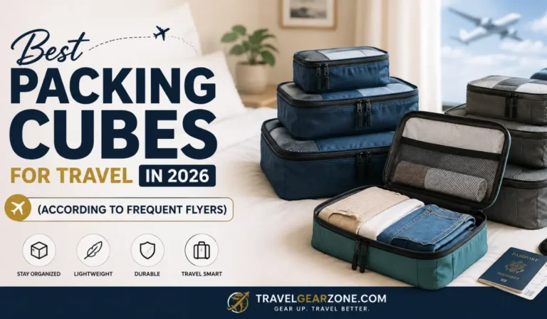 Four blue and gray packing cubes, some open with folded clothes inside, are arranged on a bed. Text promotes the best packing cubes for travel in 2026, according to frequent flyers.