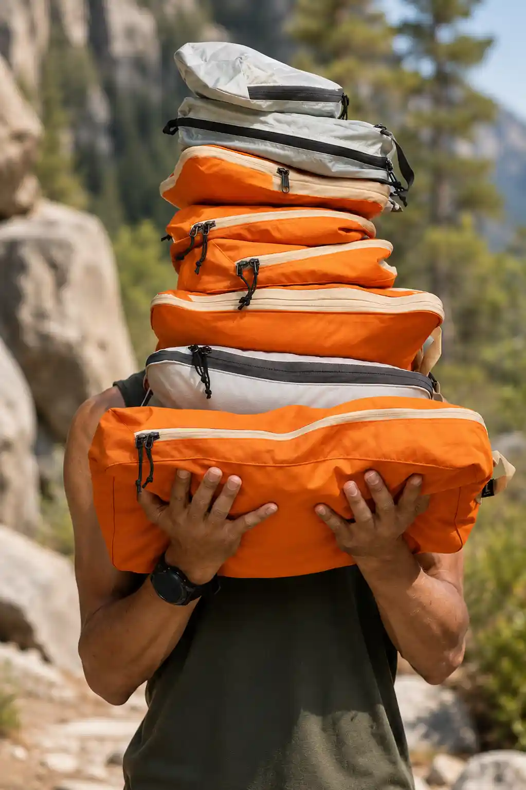 A person holds a tall stack of orange and gray zippered packing cubes, obscuring their face, with a forested mountain landscape in the background.