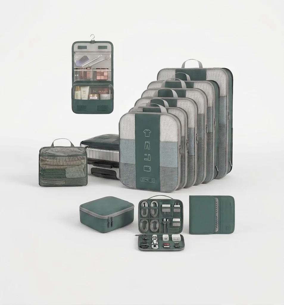 A set of green and gray travel organizers, including packing cubes, toiletry bags, and accessory pouches, arranged neatly on a white background.
