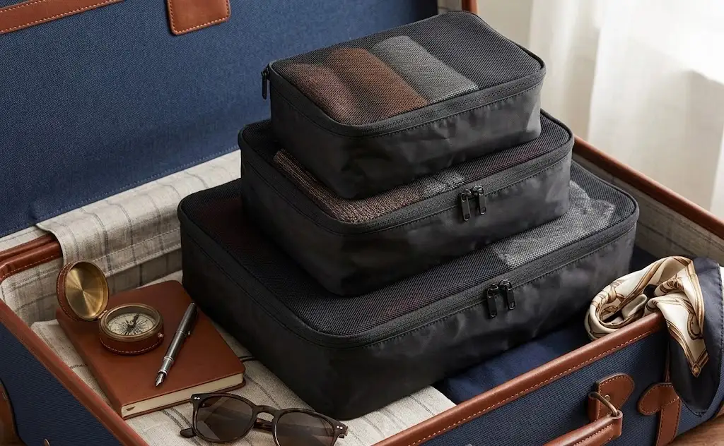 Open suitcase with three black packing cubes, a brown notebook, a compass, sunglasses, and a silk scarf neatly arranged inside, next to a bright window with sheer white curtains.