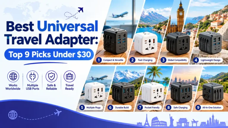 Best universal travel adapter infographic featuring nine travel adapters, global destinations, multiple USB ports, and key features for travelers.