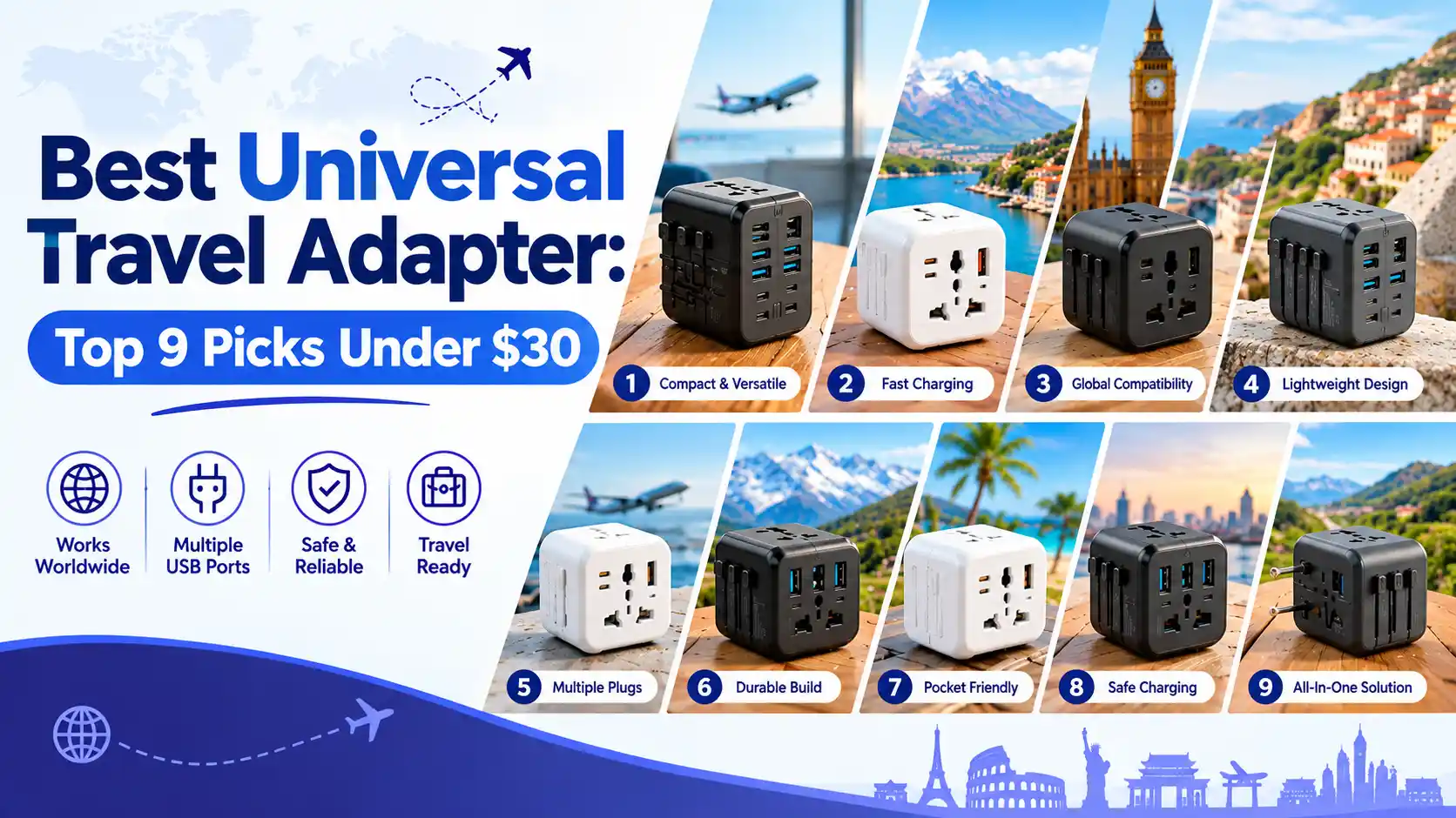 Best universal travel adapter infographic featuring nine travel adapters, global destinations, multiple USB ports, and key features for travelers.