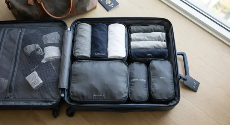 An open 22-inch carry-on luggage neatly organized with dark grey packing cubes containing rolled and folded clothing, laid flat on a light wood floor.