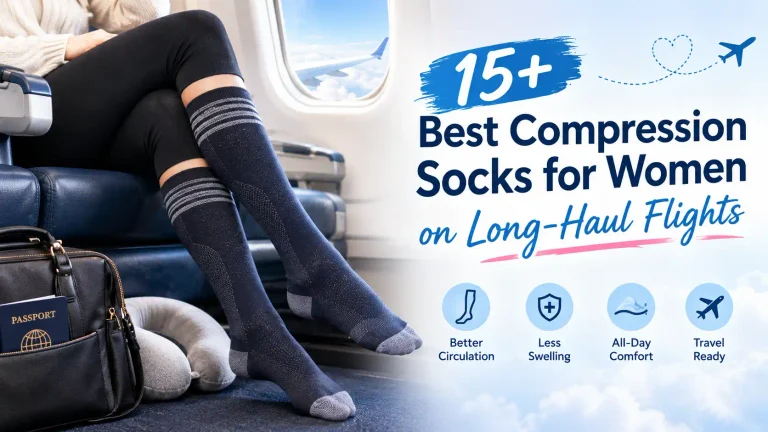 Feature image for “15+ Best Compression Socks for Women on Long-Haul Flights,” showing a woman wearing navy compression socks on an airplane, with travel essentials and icons highlighting circulation, reduced swelling, comfort, and travel readiness.